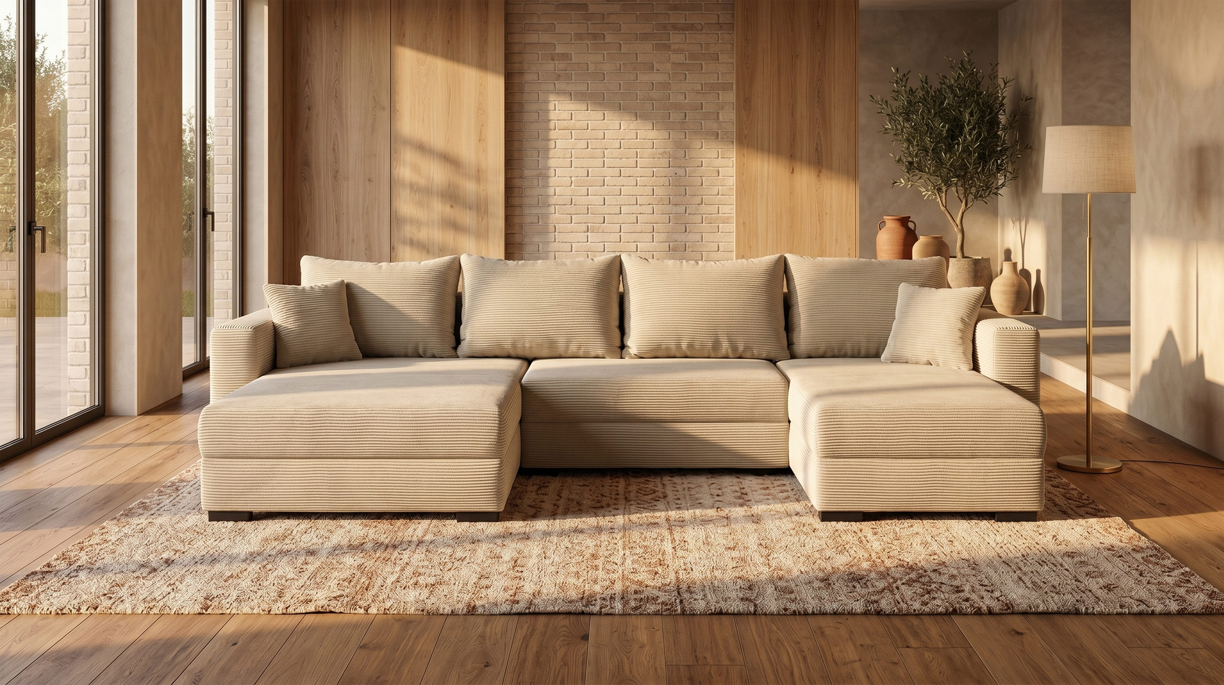Wohnlandschaft mit Schlaffunktion Cord grau-beige 342 cm - SELMA